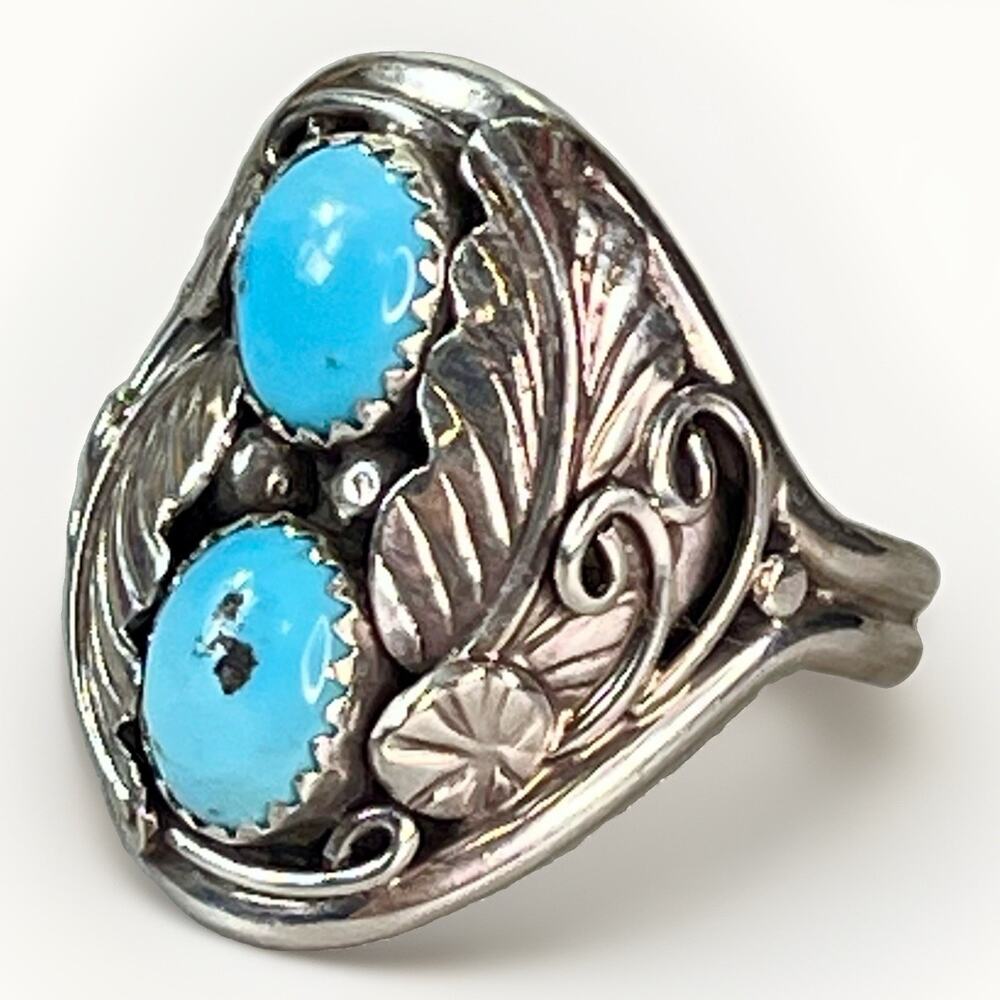 Men’s Signed NAVAJO Sterling Silver Kingman Turquoise 2 Stone Ring Sz 12.75 NEW
